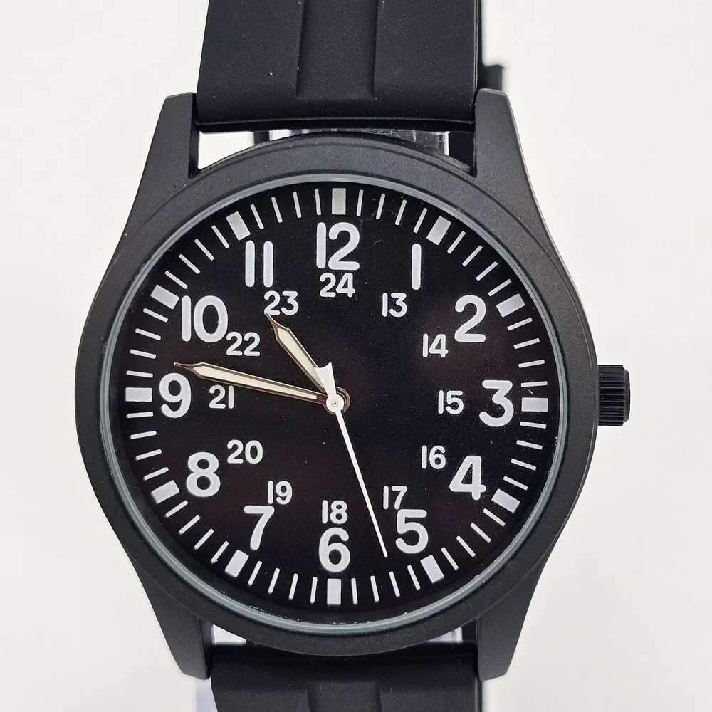 Men's Military Field Watch 42MM Black Case Black‎ Dial Black Plastic Band Straps